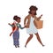 Young Mother Holding Hand of Her Little Daughter with Backpack Leading Her to School Vector Illustration