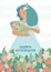 Young mother holds a baby in her arms against a background of flowers and sky. Happy motherhood hand-drawn typography