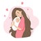 Young mother and newborn baby. Happy woman carefully hugging her child. Vector illustration of mom holding her kid in
