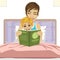 Young mother reading tale story to her son together sitting on bed