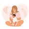 A young mother sits in a lotus position and hugs her newborn baby