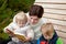 Young mother and toddler reading book outdoor