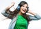 Young motion woman with headphones listening music .Music teena