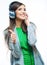 Young motion woman with headphones listening music .Music teena