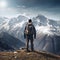 young mountaineer standing on top of mountain looking at view