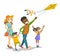Young multiethnic family playing with a kite.