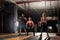 Young muscular adults doing squats with heavy ball