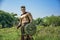 Young muscular man posing in gladiator costume