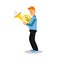 Young musician playing french horn cartoon character vector Illustration