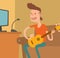 Young musician plays on the electric guitar vector illustration