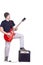 Young musician with red guitar isolated on white. Rockstar man playing electric guitar. Guy with a guitar combo