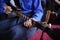 Young musicians playing vintage guitar on concert