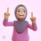 Young muslim woman sporty pointing up 3d cartoon illustration