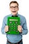 Young nerd showing big green calculator