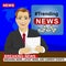 Young news anchor man reporting breaking news sitting in studio