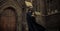 Young nun is standing and praying with cross in her hands on temple background.