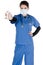 Young nurse, blue scrubs, mask, hand sanitizer