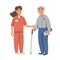 Young nurse helping and supporting elderly man. Yound woman and old man on white background. Nursing home. Senior people