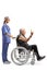 Young nurse with a mature male patient making a rock and roll hand sign in wheelchair