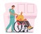 Young Nurse Social Worker Care of Sick Senior Woman Sit on Wheelchair, Medic Help Old Disabled People in Nursing Home