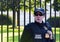 Young officer wearing sunglasses and the uniform of the American Secret Service guarding the White House in Washington D.C