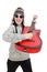 Young optimistic girl holding guitar isolated on