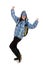 Young optimistic girl with rucksack isolated on