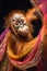 Young orangutan with expressive eyes draped in colorful fabrics., Generated AI