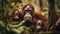 Young orangutan sitting in green forest, a cute primate portrait generated by AI
