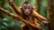 Young orangutan sitting on rope, close up portrait generated by AI