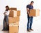 Young pair and many boxes in divorce settlement concept