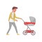 Young parent walking outdoor with baby in stroller. Father and child. Cartoon character of cheerful man. Flat vector