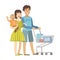Young Parents With Baby Son Shopping In Supermarket, Illustration From Happy Loving Families Series