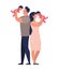Young parents play with twins. Happy dad and mom hold children in their arms. Flat vector illustration in cartoon style