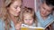 Young parents read the book to children at home. Mother Father and Daughter reading.