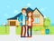 Young people bought the new house vector flat illustration. Happy family is moving into new home. Cartoon characters of