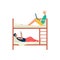 Young people in comfortable hostel bunk bed, flat vector illustration isolated.