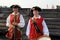 Young people dressed in period costume reenacting typical soldier\'s life, Fort William Henry,Lake George,2015