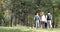 Young People Group Walking Forest Two Couple Holding Hands Outdoor Morning Autumn Park