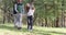 Young People Group Walking Forest Two Couple Holding Hands Outdoor Morning Autumn Park