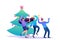 Young people have fun near the Christmas tree, laughing, dancing, taking pictures. Flat 2D character. Concept for web design