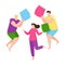 Young people having fun at a pajama sleepover party. Two guys and a girl fight with pillows. Colorful concept for pajama party or