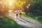 Young people jogging and exercising in nature, in morning sunrise warm light