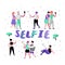 Young People Making Selfie with Smartphone. Flat Characters in Various Poses Taking Photo with Cellphone. Teenager