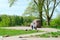 Young people on platform near Borisov stone, Polotsk, Belarus