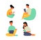 Young people, students seating and read, work at laptop. Flat design vector graphic illustration set