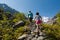 Young people are trekking in highlands of Altai mountains, Russia