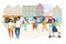 Young people are walking in city. Historic buldings background. Vector illustration