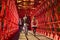 Young people walking on Eiffel Bridge Pont de les Peixateries Velles, a famous pedestrian red steel bridge in Girona