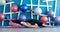 Young people in yoga class in Hare pose. Yoga group concept.